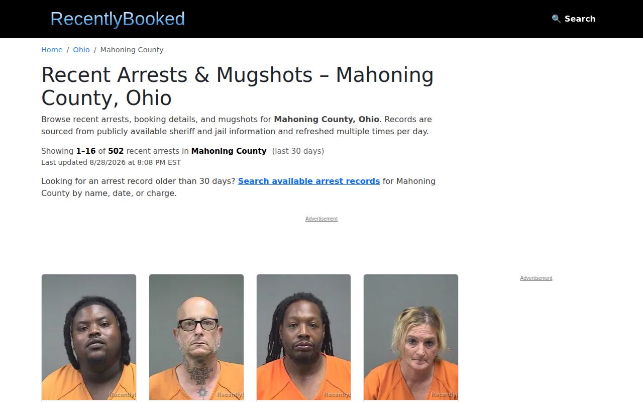 RecentlyBooked Mahoning County secondary arrest index