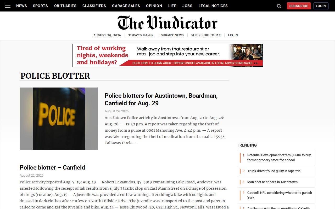 The Vindicator Mahoning Valley police blotter index