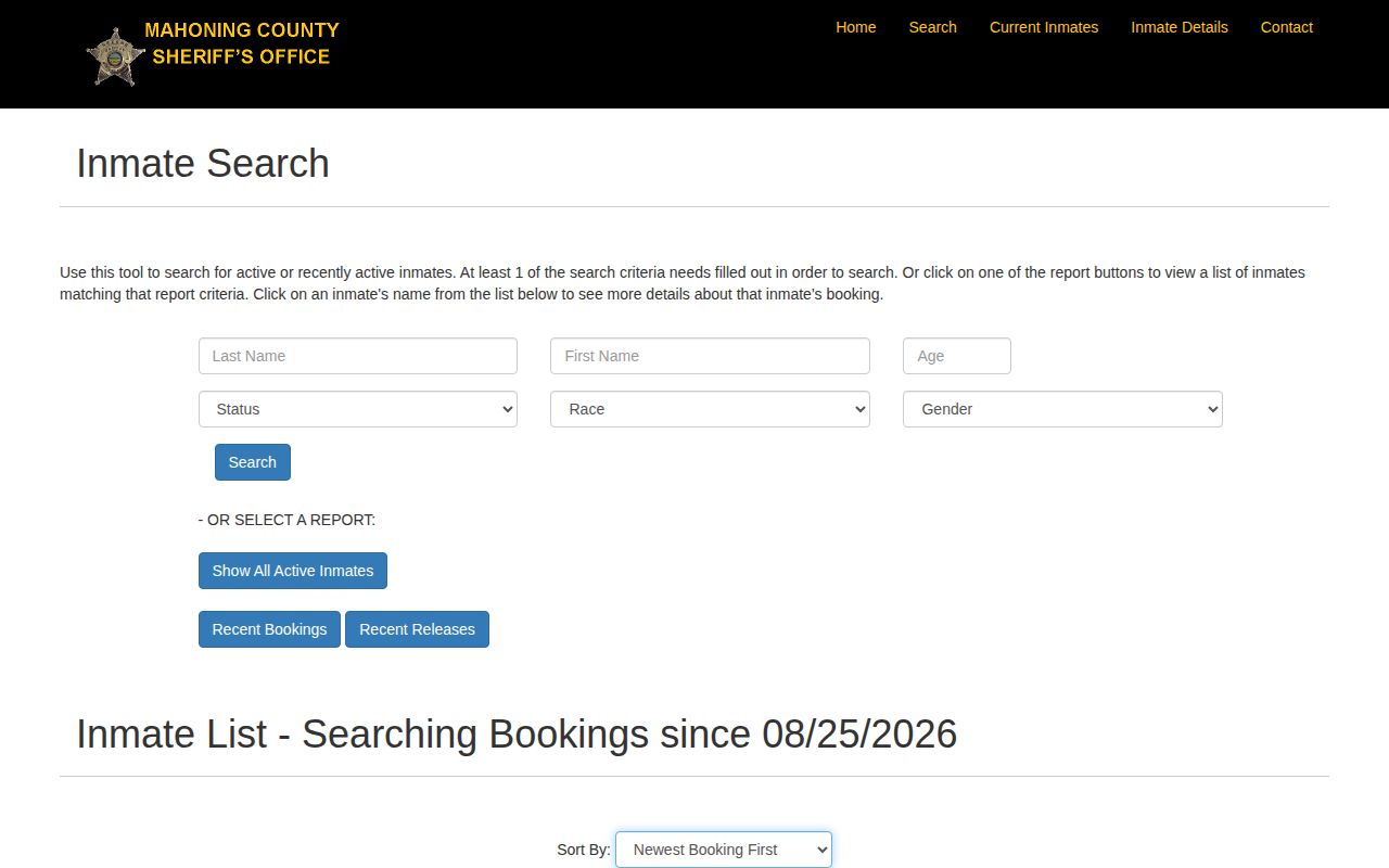 Mahoning County recent bookings portal view