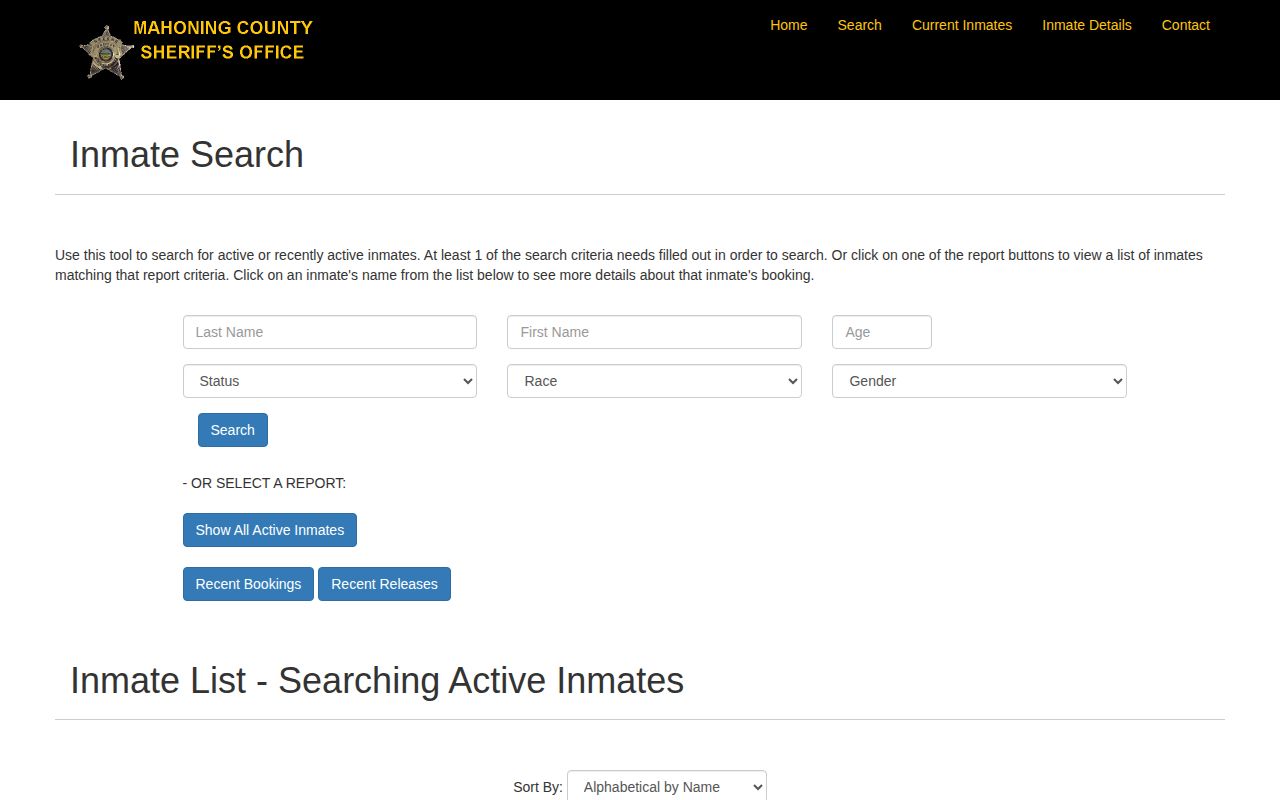 Mahoning County public inmate active roster search interface