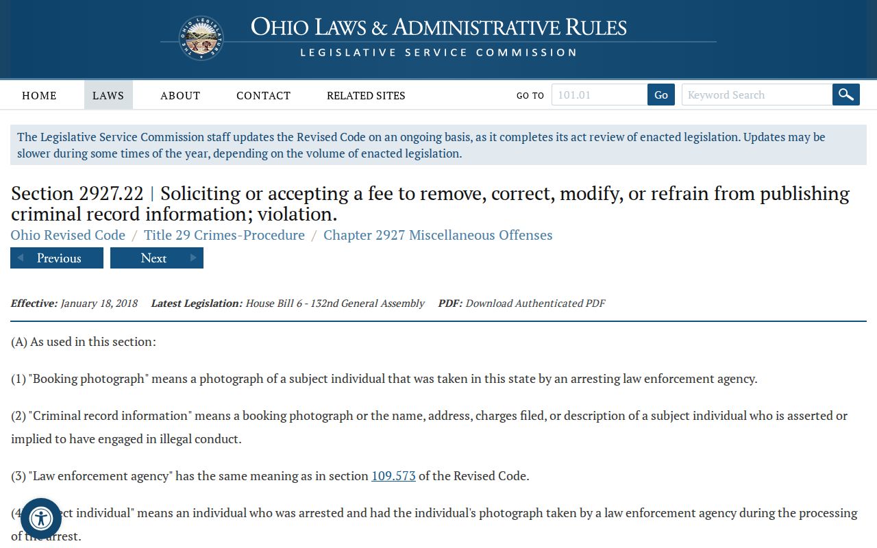Ohio Revised Code booking-photograph statute page