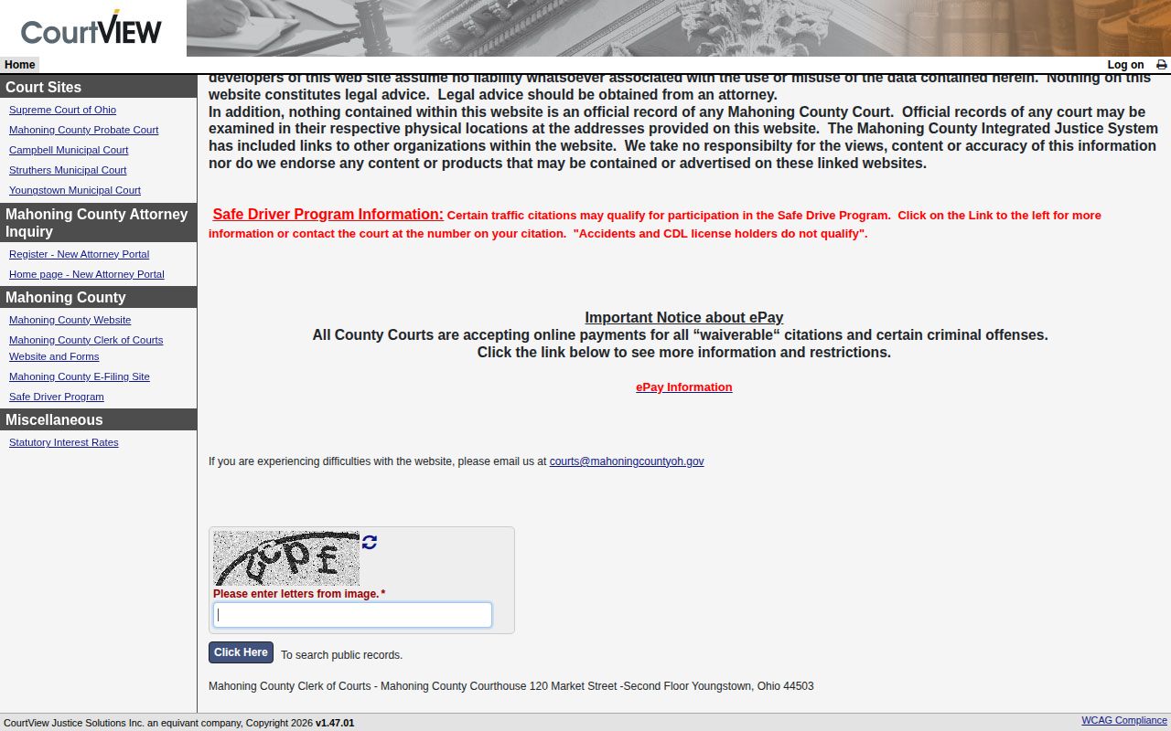 Mahoning County eCourts case and warrant search interface
